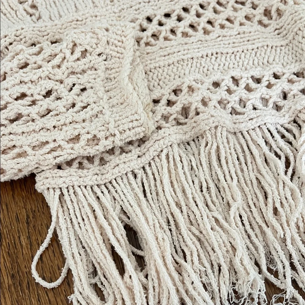 Free People Cream Crochet Sweater with Fringe